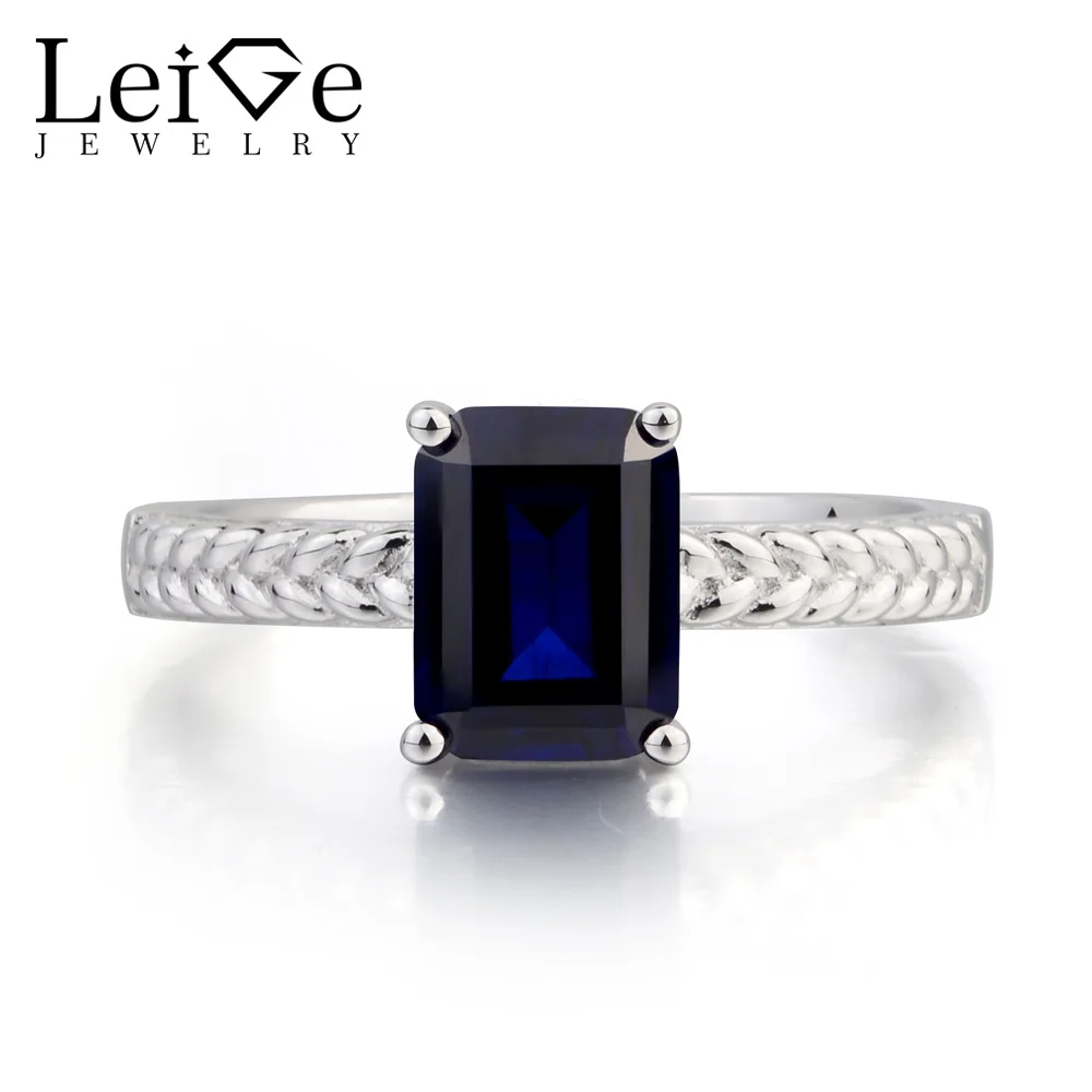 Leige Jewelry Blue Sapphire Ring Promise Ring Emerald Cut Blue Gemstone