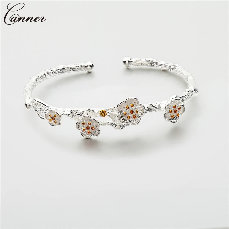 

Elegant Plum Blossom Flower Cuff Bangle Bracelet Femme Adjustable Bracelets Bangles for Women Opening Bangle Silver Jewelry Q40