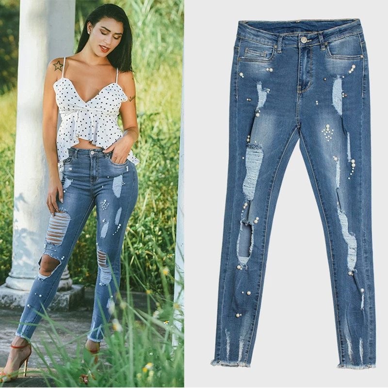 

Fashion Women Jeans High Waist Slim Stretch Irregular Two-color Studded Pearl Denim Pants Feet Washed Holes Large Size