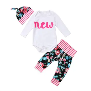 

Newborn Baby Girls Flower Pink Clothes Long Sleeve Letter Romper Jumpsuit Legging Pants Outfits 3pcs Baby Set