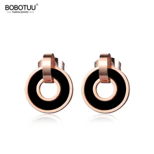 BOBOTUU модные черные акриловые двойные круглые гвоздики золотые, розовые серьги цвет серьги из нержавеющей стали ювелирные изделия для женщин BE17024