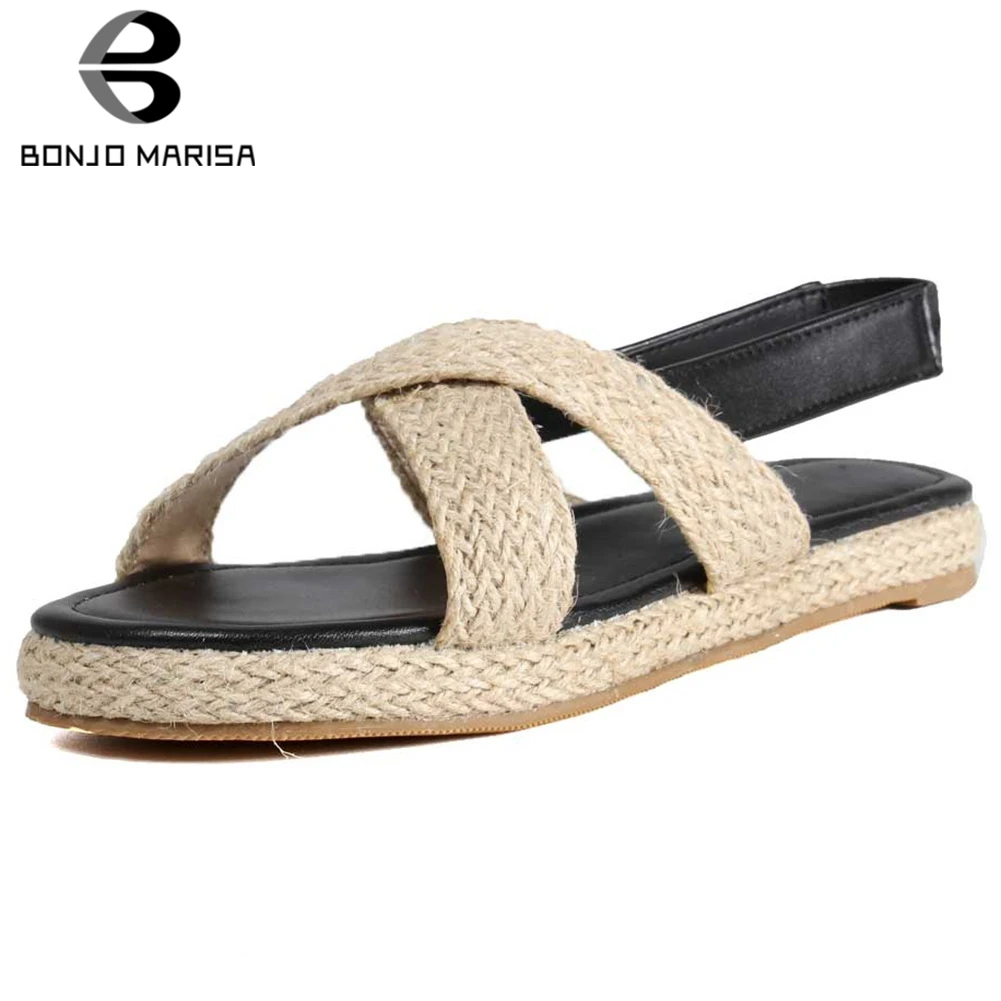 

BONJOMARISA New INS Hot Concise Straw Flat Sandals Women 2019 Summer Plus Size 33-52 Comfort Women Casual Shoes Woman