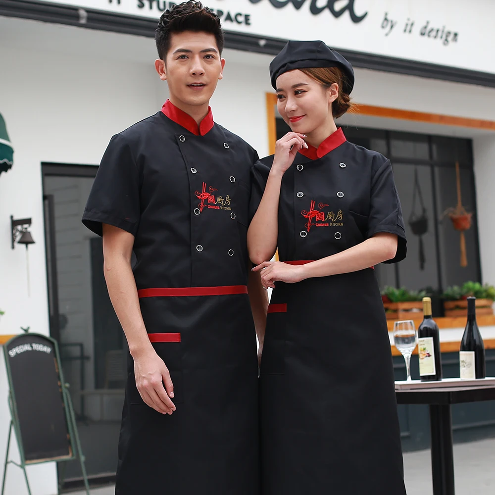3 цвета китайский ресторан вышивка булочно Плита униформа повар короткий рукав дышащая Двойной Брестед шеф-повар куртки и фартуки