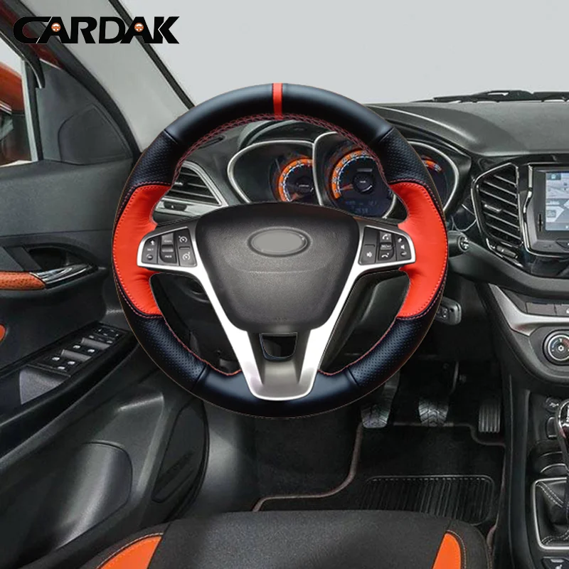 CARDAK DIY черный кожаный сшитый вручную чехол рулевого колеса автомобиля для Lada Vesta SW Lada X-Ray