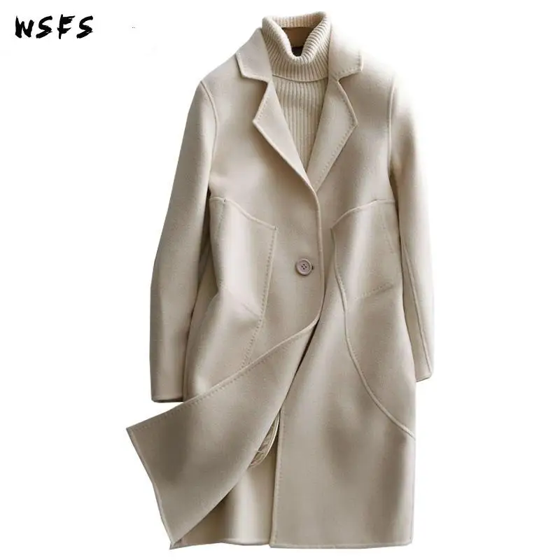 

Winter Women Coat Biege Camel Long Sleeve Sheep Wool Coats Single Button Ladies Slim Elegant Trench Woolen Overcoats Outerwear