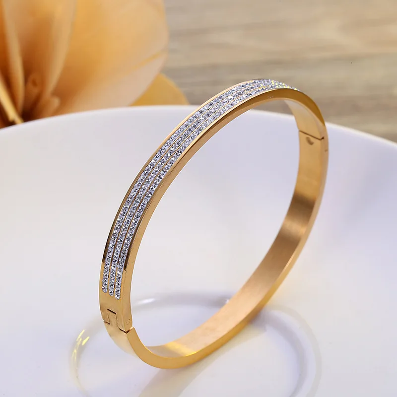 rose gold color stainless steel bangle for women three rows crystal bangles for women daily