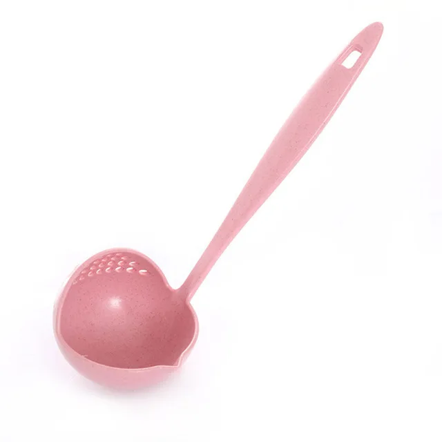 2 в 1 пластиковая ложка для супа с длинной ручкой ситечко для приготовления пищи дуршлаг Черпак поварешка посуда кухонные гаджеты - Цвет: Розовый