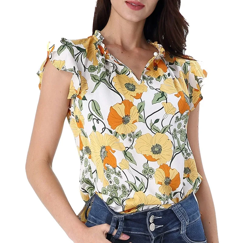 

Vfemage Women Summer Ruffle Sleeve Floral Print Button Keyhole Front Side Split High Low 2019 Loose Casual Tunic Top Blouse 3150