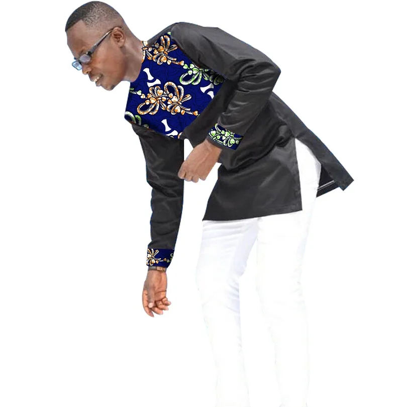 Африка разнотканные Топы Для мужчин Африканский Костюмы Дашики одежда батик печатных и черные хлопчатобумажные ткани Топы с длинными