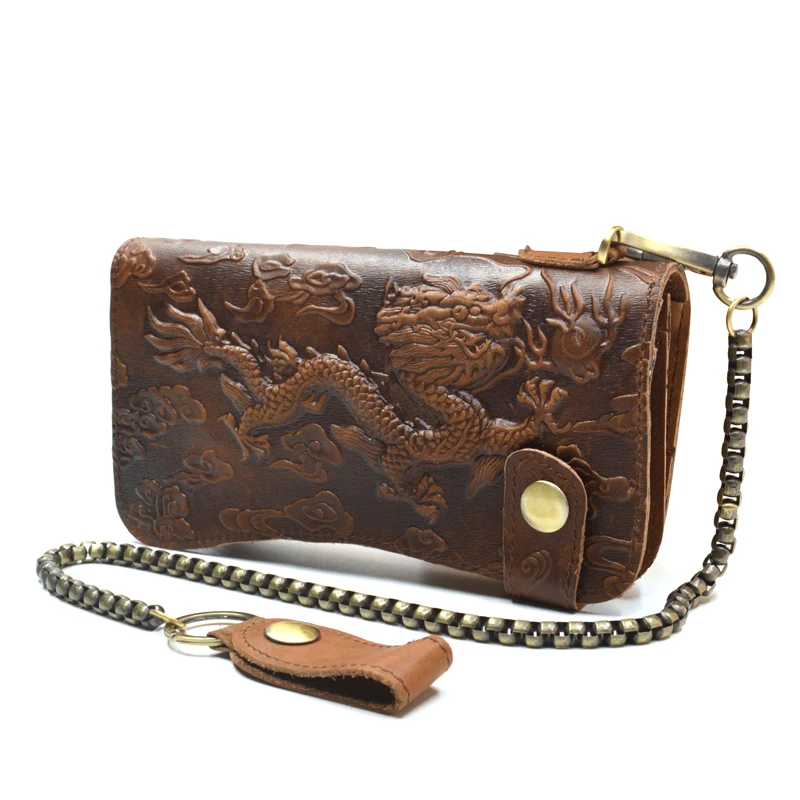 Wallet for Men Genuine Leather Dragon Cowhide Card Bag Purse Chain Bag