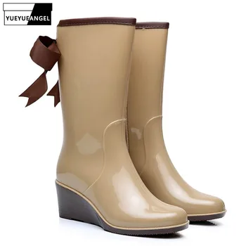 

New Arrival Fashion Womens Rain Boots For Woman Rubber 4 Style Ladies Wellies Mid-Calf Boot High Wedge Heels Shoes