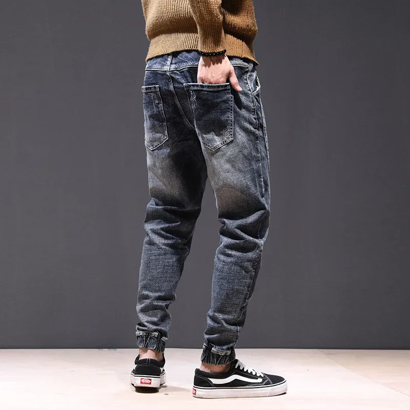 Свободные мужские джинсовые брюки, повседневные мужские джинсы в стиле хип-хоп, белые, вареные, с завязками, с поцарапанными пучками, штаны-шаровары, узкие брюки