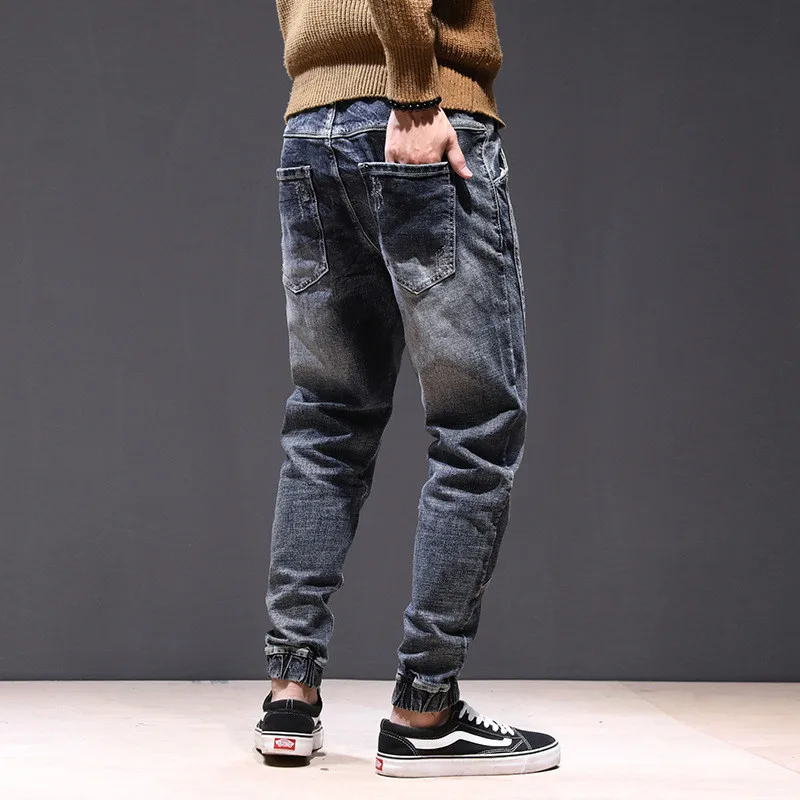 Online Lose männer Denim Hosen Casual Mann Persönlichkeit Hüfte Hop Weiß Gewaschen Kordelzug Zerkratzt Strahl Fuß Harem Jeans Bleistift Hosen