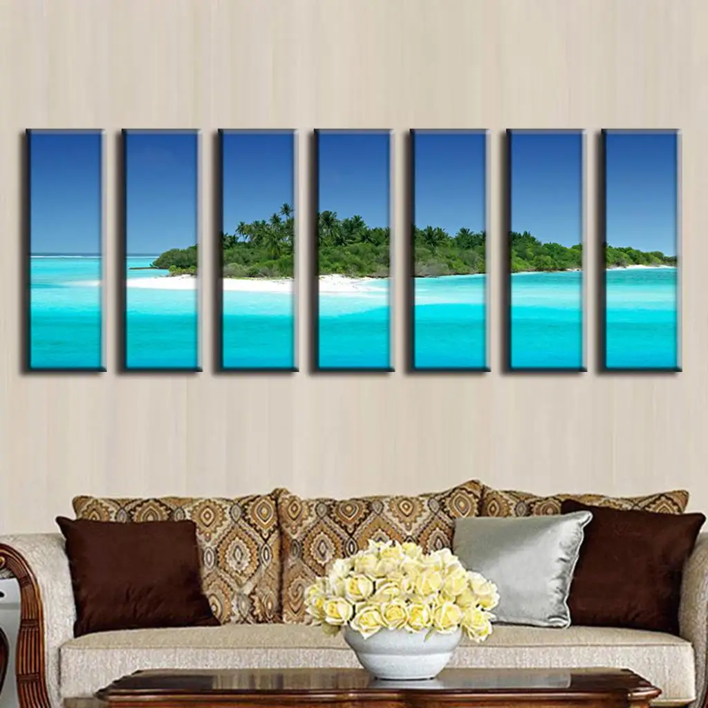 

7 Pcs/Set Seascape Paintings Large Canvas Paintings Green Island On Blue Sea Canvas Prints Modern Wall Paintings