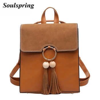 

2018 Brand Scru Pu Leather Backpack Women Fashion Tassel School Bags For Teenage Girls Brown Backpack Metal Ring Sac A Dos New