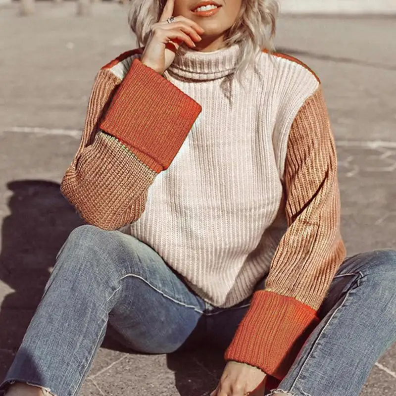 

Aartiee 2019 Autumn winter Casual turtleneck Sweater women Patchwork loose ladies jumper Pullover Streetwear Korean sweaters new