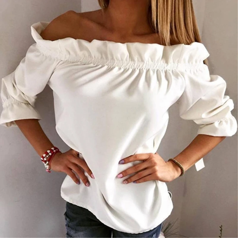 

Women's Sexy Strapless Off Shoulder Shirt Casual Lotus Leaf Collar Party Top