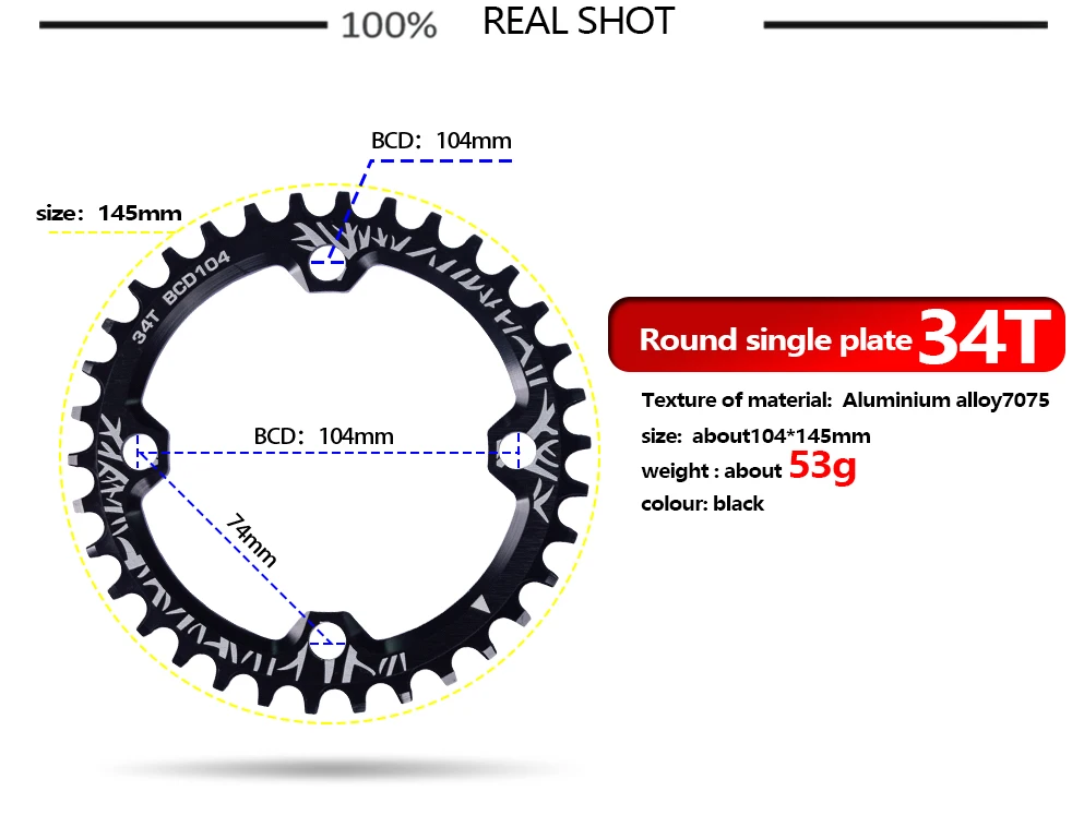 BXT велосипедная кривошипа 104BCD круглая форма цепное кольцо велосипедная цепь 32 T/34 T/36 T/38 T MTB велосипедная Кривошип алюминиевая Одиночная пластина