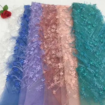 

2018 latest white french tulle nigerian laces fabrics high quality 3d flower fabric for women wedding 5yard/lot H448-2