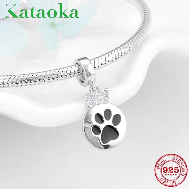 New 925 Sterling Silver Bow CZ lovely cat Paw print floating Charms for