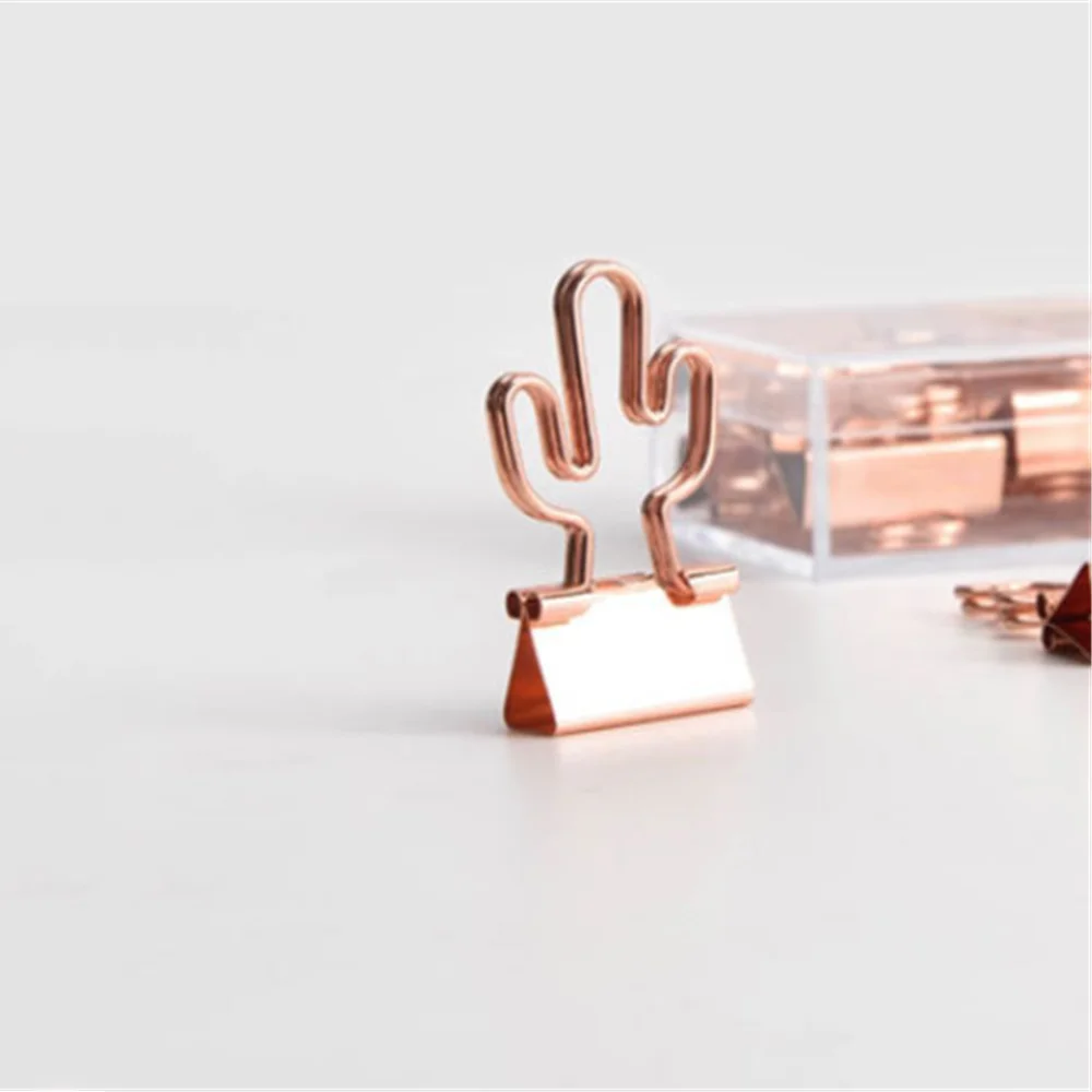 10pcs Cat Rose Gold Color Binder Clips Hollow Out Cactus Penguin Shape Metal Binder Clamps Photo Tickets Note Letter Paper Clips - Цвет: cactus