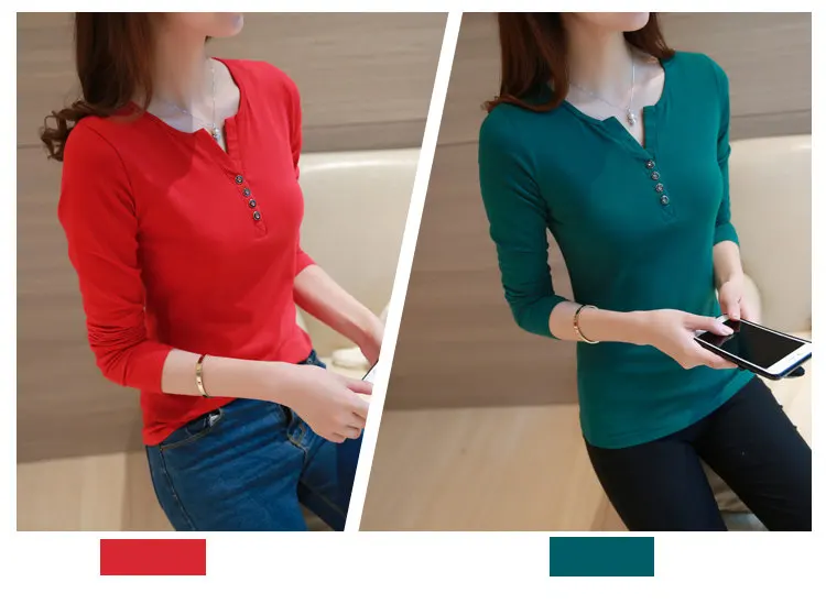 Tee Shirt Femme T-shirt Autumn Tops Tee Female Tshirt V-neck Long Sleeve Buttons Tshirts Casual Large Size Camisetas Mujer 2019 (4)