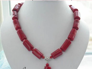 

huij 004719 18" naturel red cylinder bead coral necklace pendant