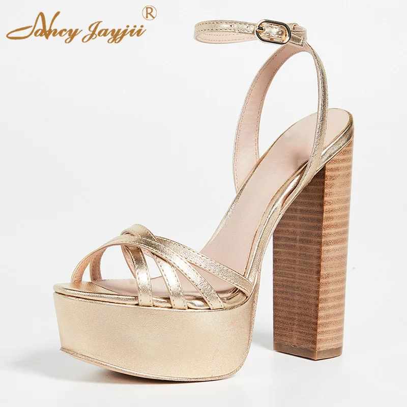 

Golded Metallic Crossed Straps Platform Super High Heels Sandals Wood Print 6 Inch Square Heels Plus Size 15 16 Women Shoes 2019