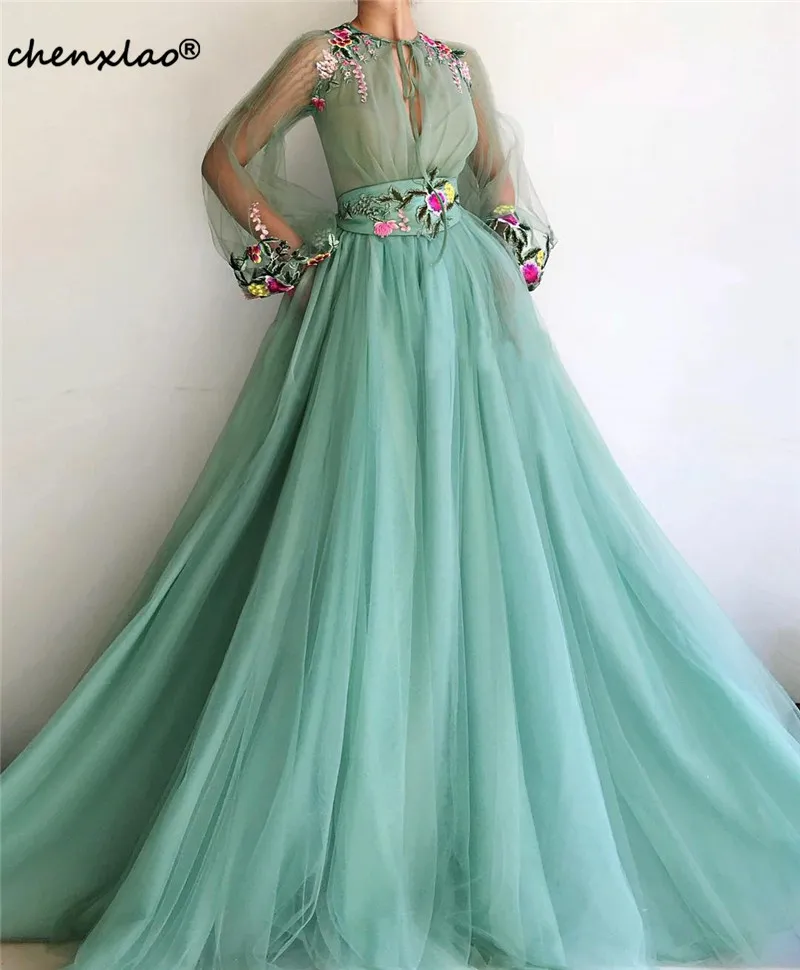 

Muslim Green Evening Dresses Long Jewel Neck Full Sleeves A-Line Flower Appliques Long Evening Gowns Formal Dress Abendkleider