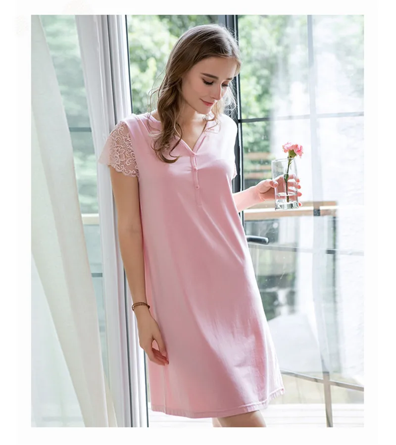 Summer Women Cotton Comfortable Striped Nightwear Night Gown Nightgown