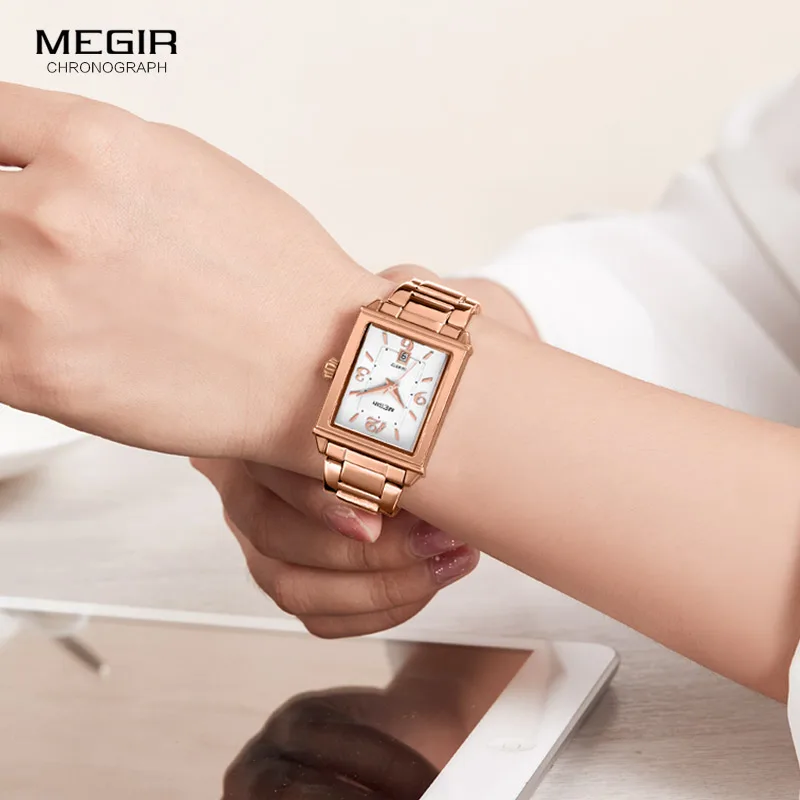 Megir Stainless Steel Bracelet Date Analogue Display Quartz Watch for Ladies Girls Luxury Simple Rose Gold Wristwatch for Women Megir Stainless Steel Bracelet Date Analogue Display Quartz Watch for Ladies Girls Luxury Simple Rose Gold Wristwatch for Women