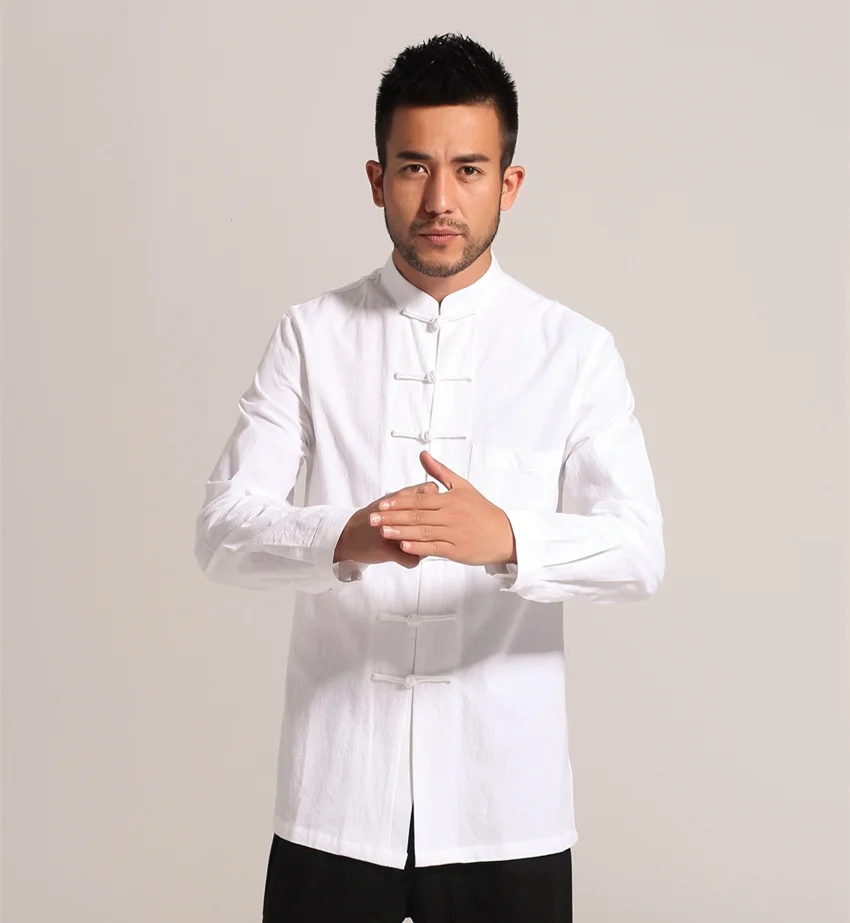 White Men Cotton Linen Long sleeve Kung Fu Shirt Classic Chinese Style Tang Clothing Size S M L XL XXL XXXL hombre Camisa Mim903