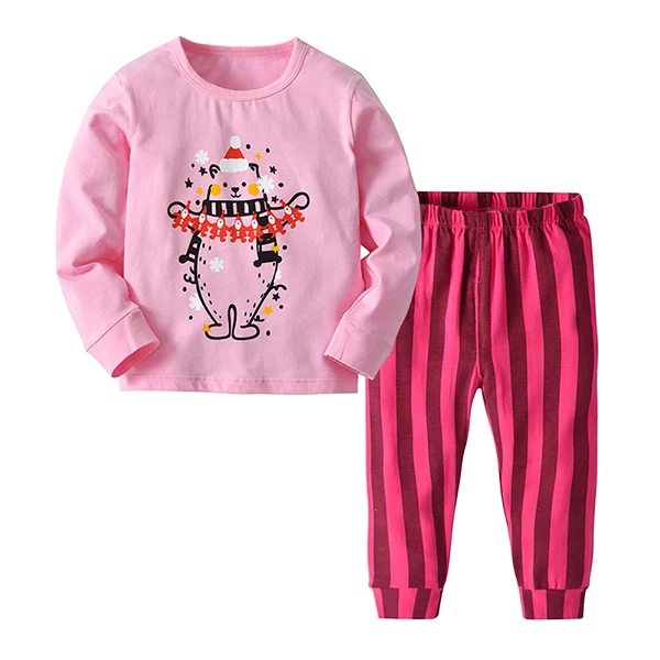 Термобелье детский длинный пижамный комплект с принтом «Джон» для девочек, хлопковые топы+ штаны, комплект из двух предметов, теплая осенне-зимняя детская одежда - Цвет: Pink