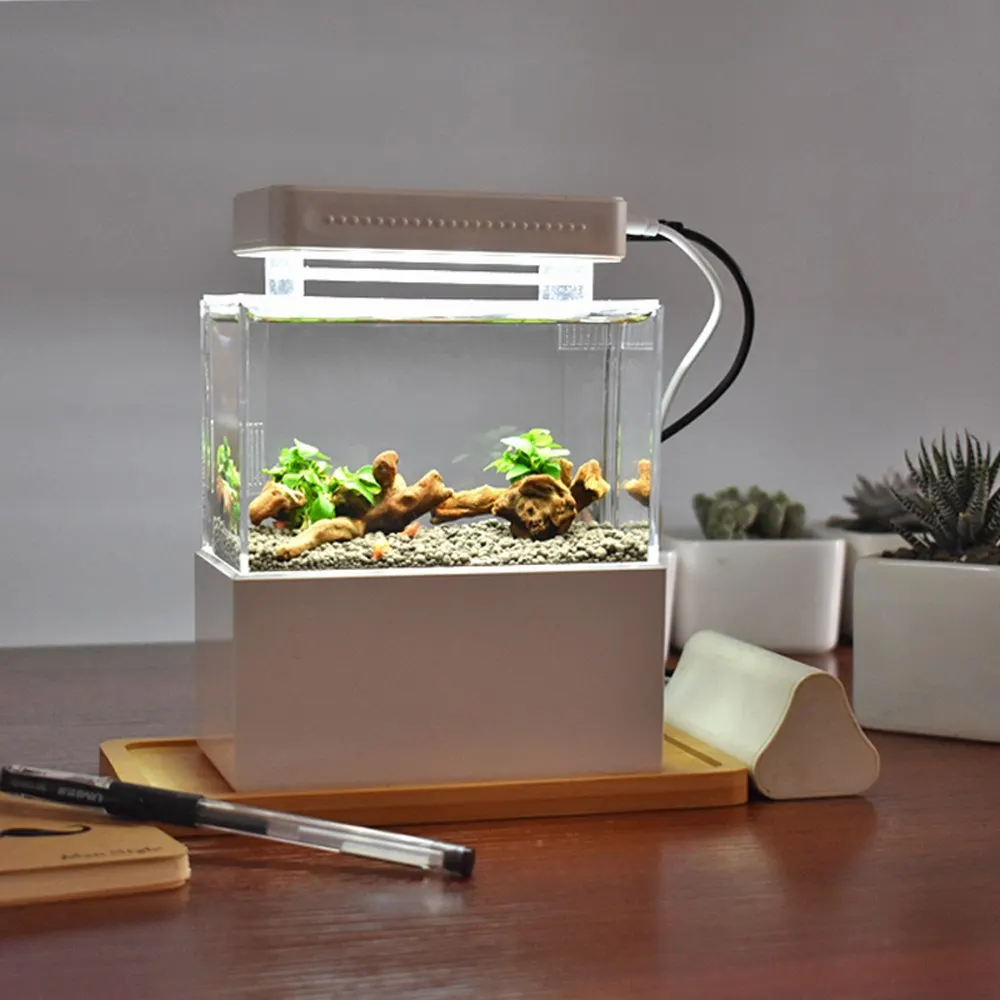 Mini Fish Tank Aquarium with Blue LED Lihgt Desktop Betta Fish Tanks Aquario Fish Bowl with Water Filtration LED Quiet Air Pump