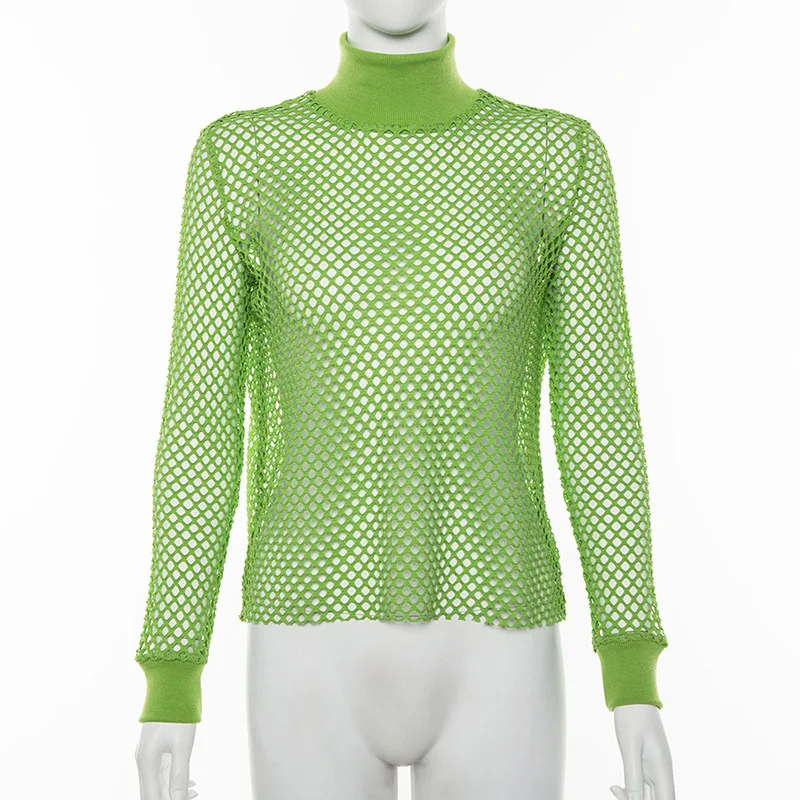 Женская футболка из сетки, прозрачный неоновый зеленый топ, модная летняя Женская Сексуальная футболка с длинным рукавом, короткий топ, Пляжная накидка