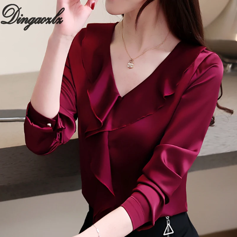 

3XL Fashion Ruffles Women Tops New Plus size Long Sleeve Shirt Solid color V neck Silk Office Lady Blouse blusas femininas