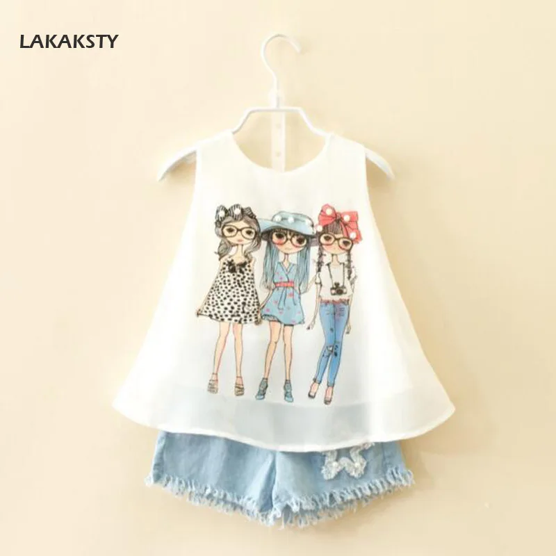 LAKAKSTY 2018 New Summer Children Clothing Sets  Baby Girl Chiffon Tops + Jeans Shorts 2pcs Suits Princess Kids Girls Clothes (1)