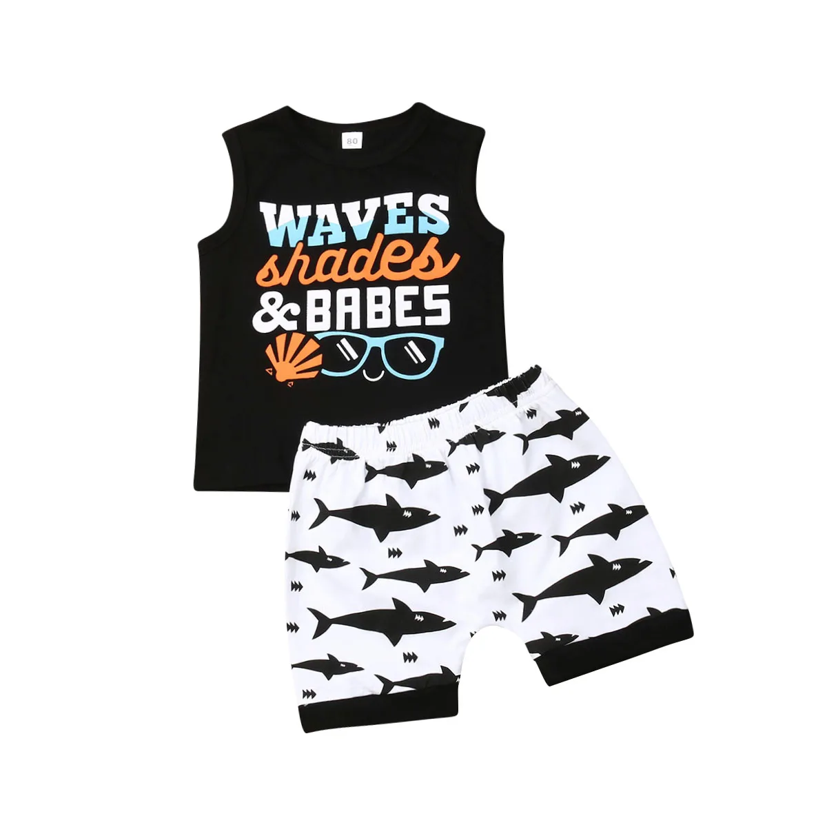

1-6Y Summer Kids Baby Boy Sleeveless Letter Print Vest Tops Shark Print Shorts Pant Bottom 2PCS Clothing Set