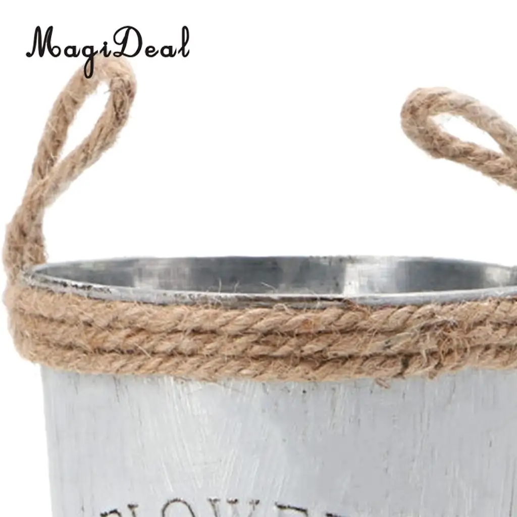 2pcs Round Galvanized Metal Buckets Plants Flower Decorative Vases with Rope
