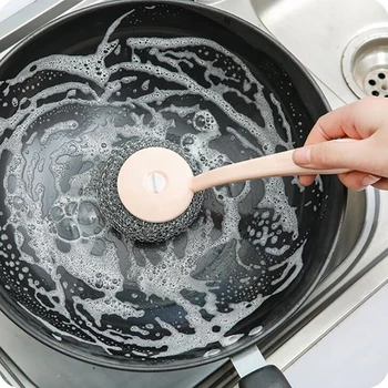 

Kitchen Hanging Strong Brush With Long Handle Pot Brush Metal Mesh Stainless Steel Wool Ball Cleaning Brush Magic Cleaner