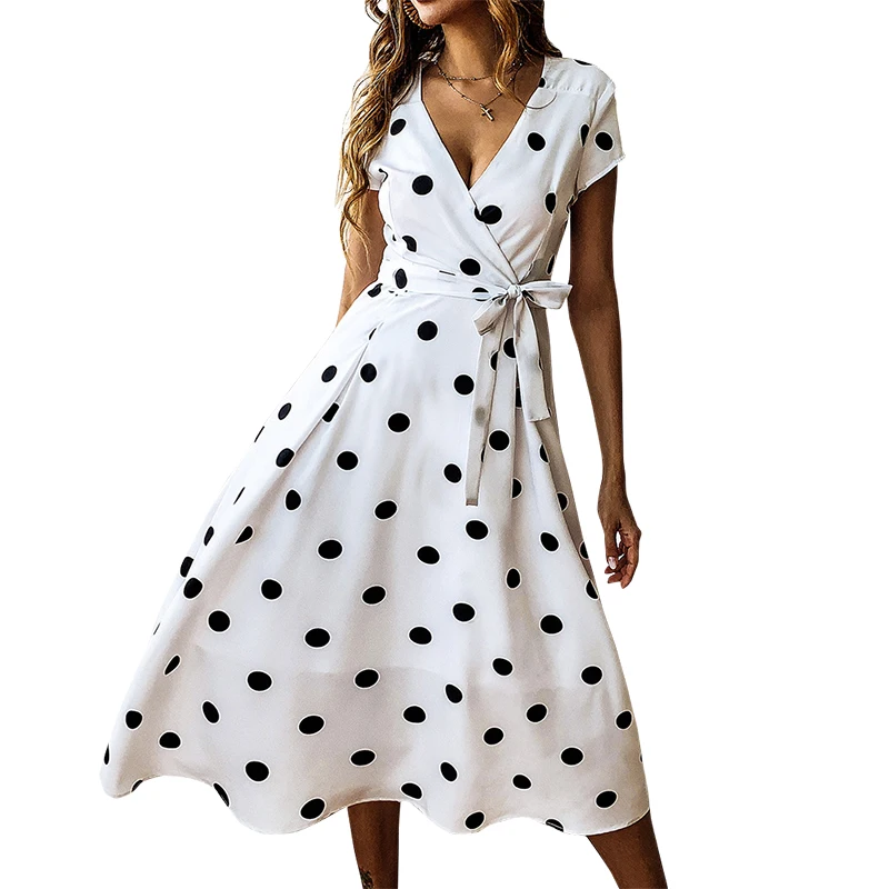 

Vintage Polka Dots Midi A-Line Dress Women Clothes Sexy V-Neck Vacation Beach Summer Dresses Short Sleeve Sashes Sundress GV088