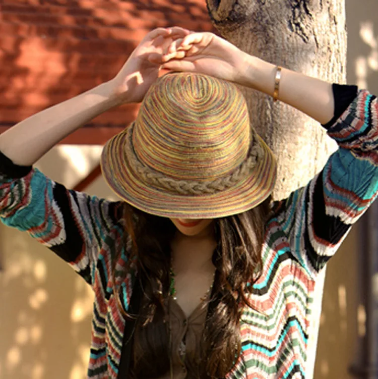 New Vintage Style Handmade Straw Hat Colorful Vacation Sun Hats Beach Casual Twist Detailing Summer Panama Sun Beach Hat Women 3