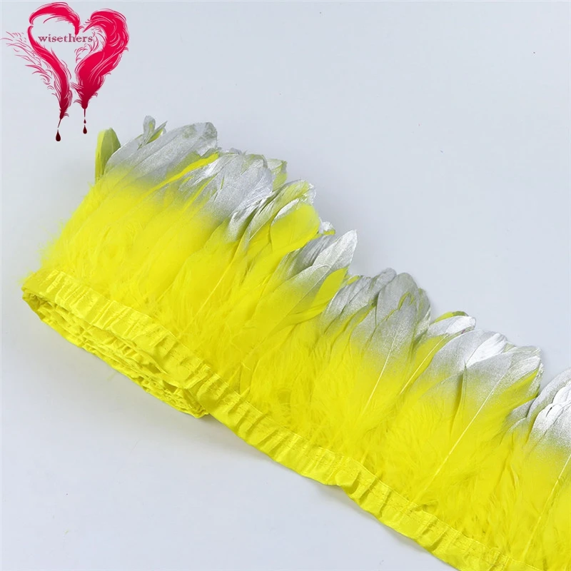 

2 Meters/Lot Width 15-20 CM Beautiful Dyed Colorful Golden Silver Tip Goose Nagorie Feather Ribbon Trim Lace Trimming 15 Colors