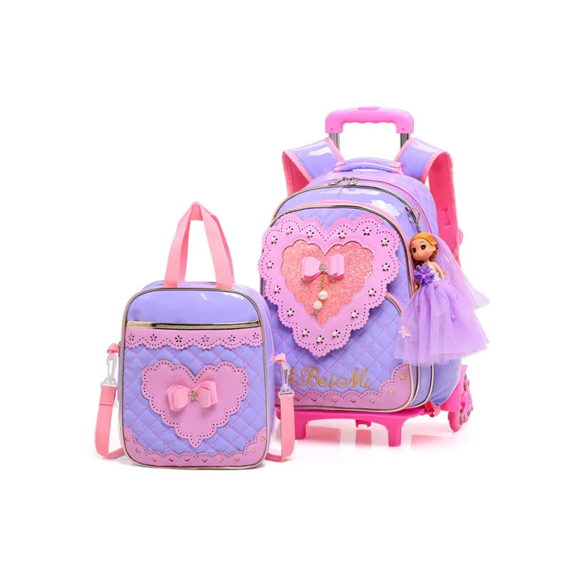 

Children School Bags For Girls Heart Pattern Trolley School Bags With 3 Wheels Cartoon Kids Backpack Waterproof PU Leather Bag