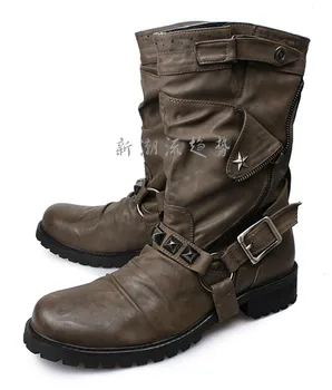 

2016 new retro men's Martin boots round toe square heel buckled ankle high boots military boots beige brown black
