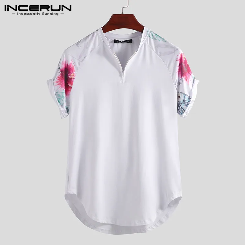 INCERUN мужской тонкий 2019 с воротником-стойкой, свбодная рубашка с коротким рукавом дизайнерский пуловер Повседневный модальный принт