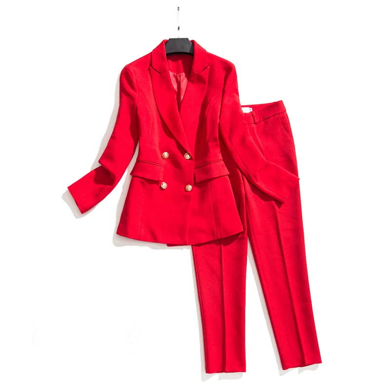 Women's suit set professional double-breasted red suit jacket Slim nine pants two-piece 2019 summer new women's clothing