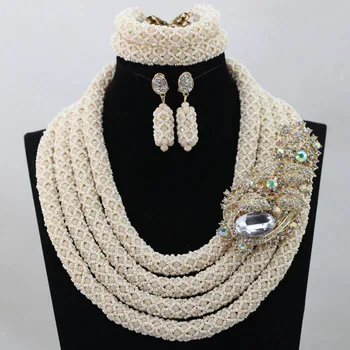 

Luxury Cream White Nigerian Wedding Bridal Beads Charming African Costume Ceremony Statement Jewelry Set Free Shipping hx145