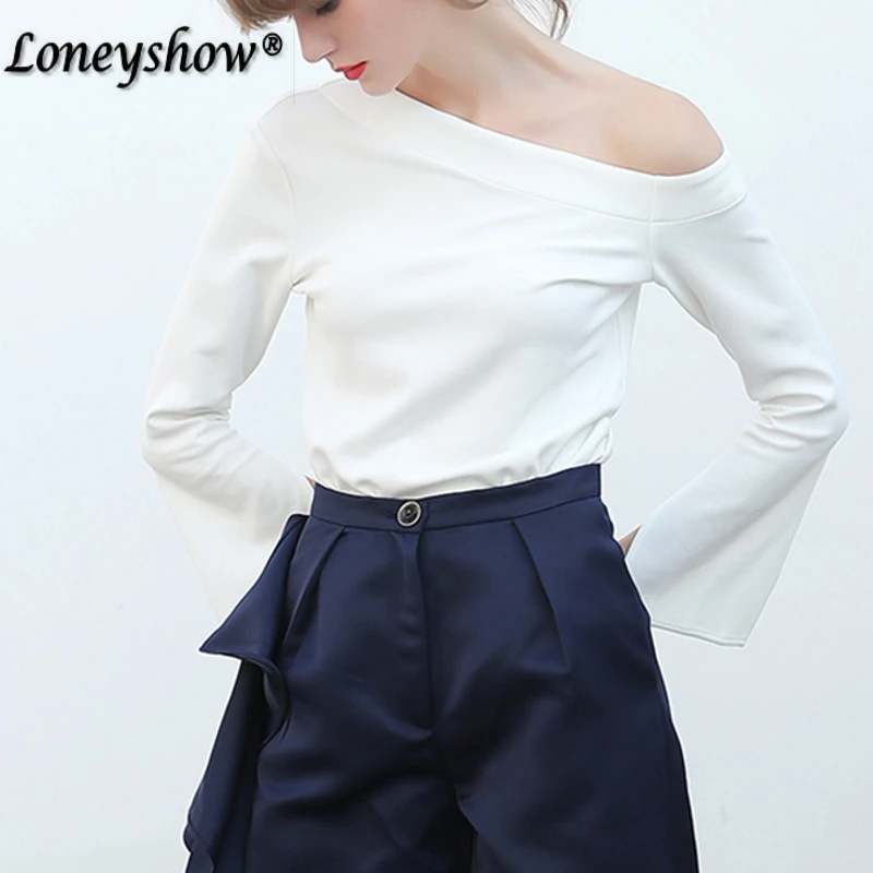 Irregular T Shirt For Women Off Shoulder Flare Sleeve Basic T-shirt Tops Female Spring Fashion Large Size Tees | Женская одежда