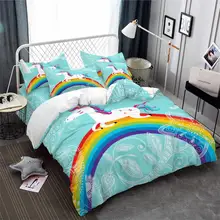 Sky Blue Unicorn Bedding Set Kids Colorful Cartoon Duvet Cover Set Rainbow Floral Print Bed Cover Festival Gift Bed Cover D35
